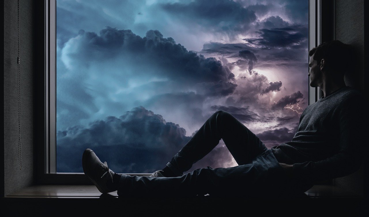 man, window, clouds